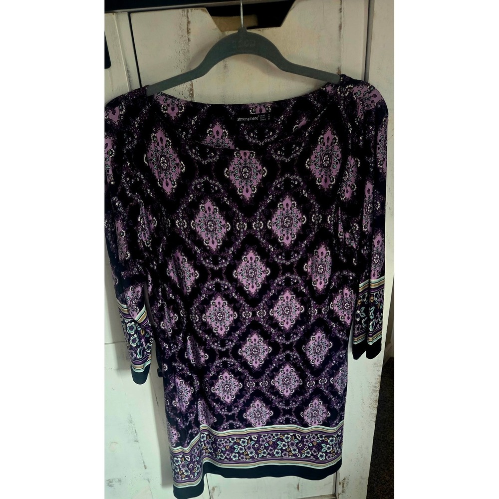 Atmosphere Women's Blouse Black Print Size 12 3/4 Sleeves Polyester Boat Neck